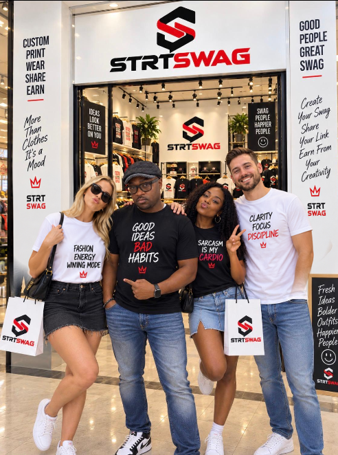 Four STRTSWAG creators wearing their designs outside the STRTSWAG store